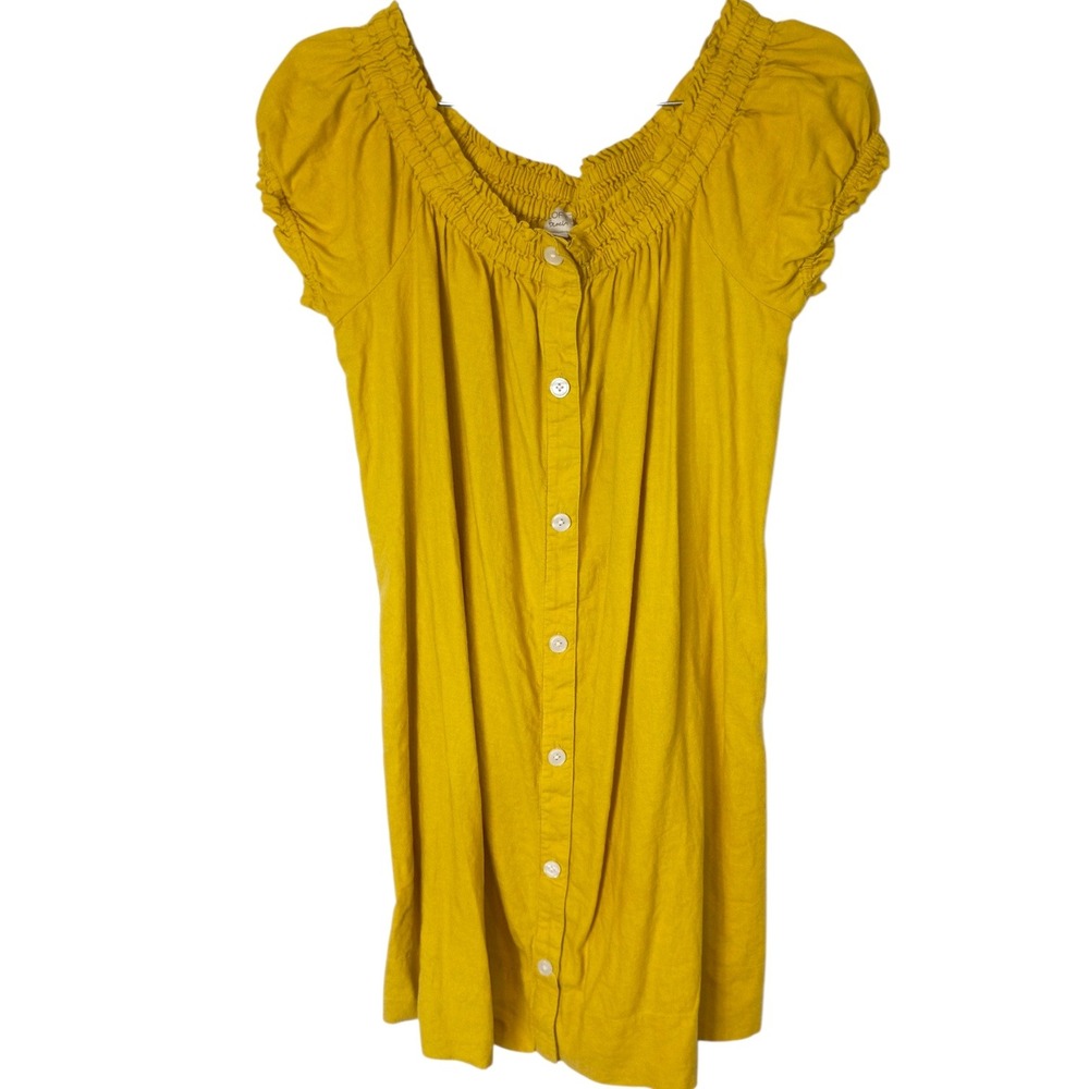 Loft Beach Mustard Yellow Linen Blend Smocked Button Front Mini Dress Womens M